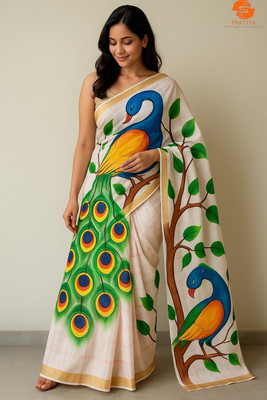 PRATTYA Hand Painted Handloom Cotton Silk Saree(Multicolor)
