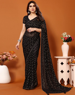 SIRIL Geometric Print, Embellished, Printed Bollywood Georgette Saree(Black)