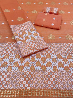 JIYANSHI SILK MILL Floral Print, Woven Mekhela Chador Cotton Blend, Jacquard Saree(Orange)