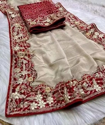 harlin Embroidered Daily Wear Georgette Saree(Cream, Red)