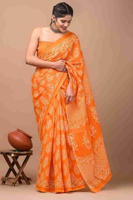 Handprinted Printed Daily Wear Cotton Blend Saree(Orange)