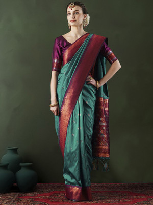 Sangria Woven Banarasi Silk Blend Saree(Green)