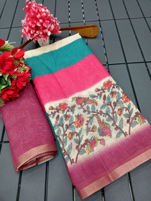 PRTRENDZ Floral Print Kanjivaram Linen, Cotton Linen Saree(Multicolor)