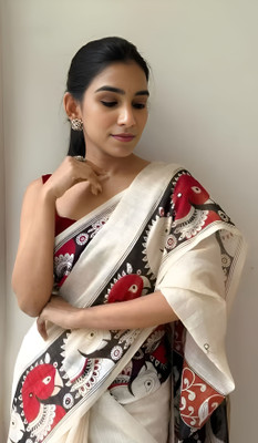 ShringarHouse Floral Print, Printed, Digital Print Kalamkari Chanderi Saree(White, Red)