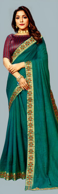 RADHA RANI TEXTILE Solid/Plain, Self Design, Embroidered Bollywood Silk Blend Saree(Light Green)