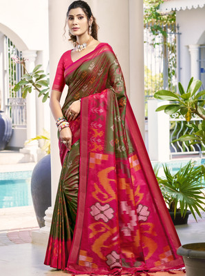 Divastri Printed Ikkat Cotton Silk Saree(Multicolor)