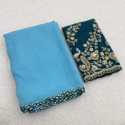 KONICA FAB Embroidered Bollywood Tissue Saree(Blue)