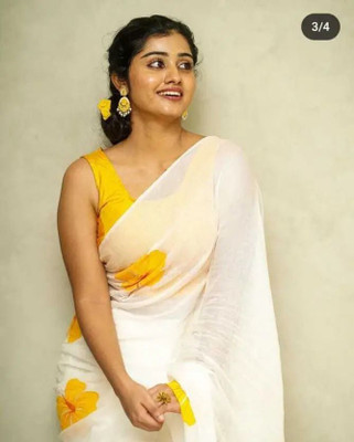 Aquiliq Printed Ikkat Linen Saree(White, Yellow)