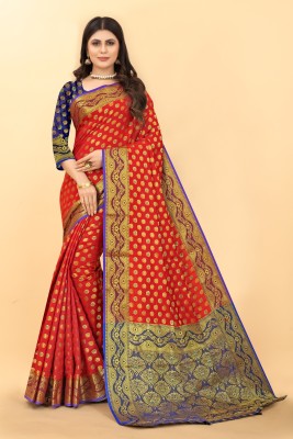 Rupatika Woven Banarasi Cotton Silk Saree(Dark Blue, Red)