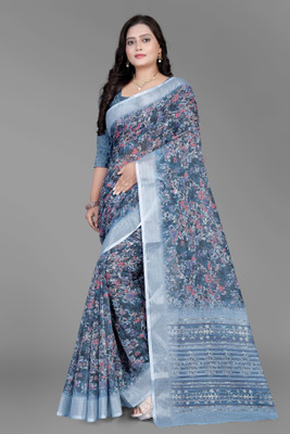 HIYAMI Printed Bollywood Cotton Linen Saree(Blue)