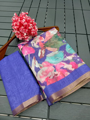 Mervadiya Printed Kanjivaram Pure Cotton, Cotton Linen Saree(Blue)