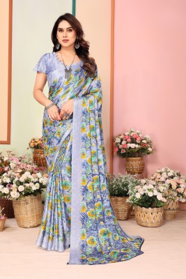 DreamFabric Woven, Printed, Digital Print, Floral Print Bollywood Chiffon, Brasso Saree(Blue, Light Blue)