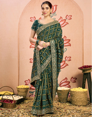 Satrani Embellished, Embroidered, Printed Bandhani Georgette, Lace Saree(Green)