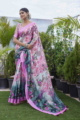 ARIYA PRINTS Printed Bollywood Cotton Linen Saree(Multicolor)