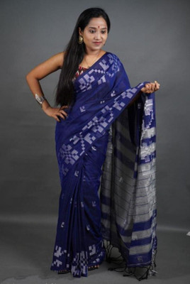 Amita Collections Woven Daily Wear Pure Cotton Saree(Dark Blue)