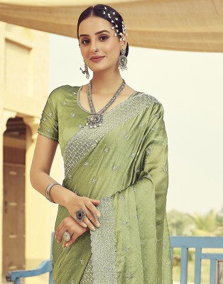 Satrani Dyed, Embroidered, Embellished Bollywood Chiffon, Georgette Saree(Green, Silver)