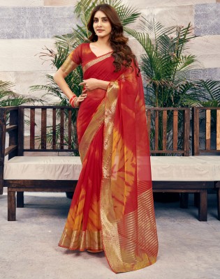 Satrani Printed, Woven, Embellished Banarasi Organza Saree(Red, Yellow, Gold)