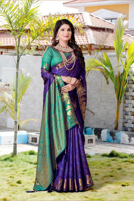 LAVYANSH CREATION Printed Patola Silk Blend Saree(Blue)