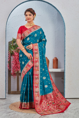 PRAUDO Woven Banarasi Pure Silk Saree(Blue, Red)