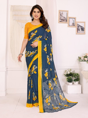 Anand Sarees Paisley, Floral Print Daily Wear Georgette Saree(Dark Blue, Yellow)