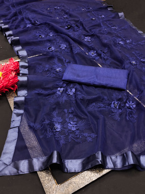 KENOFY SAREES Embroidered Bollywood Net Saree(Dark Blue)