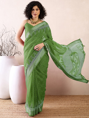Anouk Rustic Printed Daily Wear Cotton Linen Saree(Green)