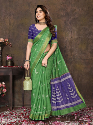 Soor Panchi Digital Print Banarasi Cotton Linen Saree(Light Green)