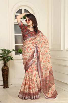 Handsel Printed Bollywood Cotton Linen, Linen Saree(Cream)