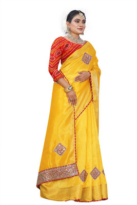 Dhanlaxmi Creation Embroidered Handloom Cotton Blend Saree(Yellow)