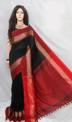 Maatarasaree Temple Border Handloom Handloom Cotton Blend Saree(Black)