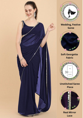 FORKEY Solid/Plain, Self Design, Embellished Bollywood Georgette Saree(Dark Blue)