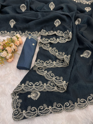 Ethina Fashion Embroidered Bollywood Jimmy choo Saree(Dark Blue)