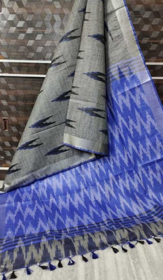 Manikant Handloom Printed Ikkat Cotton Blend Saree(Blue, Grey)