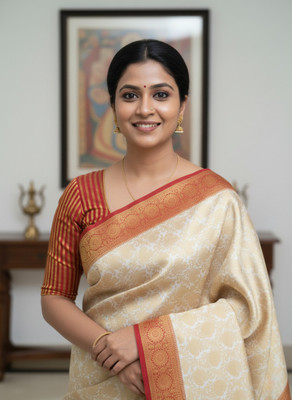 Afronza Woven, Self Design Garad Pure Silk, Silk Blend Saree(White, Red)