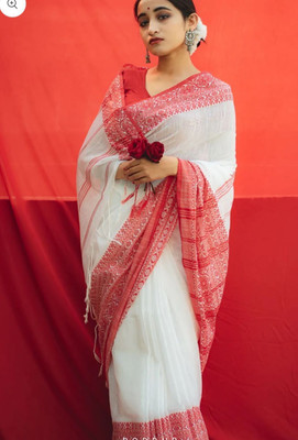 dreamy textiles hub Self Design Tant Handloom Cotton Linen Saree(White)