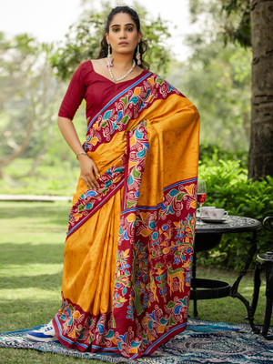 Anouk Rustic Printed Hand Batik Cotton Blend Saree(Yellow)