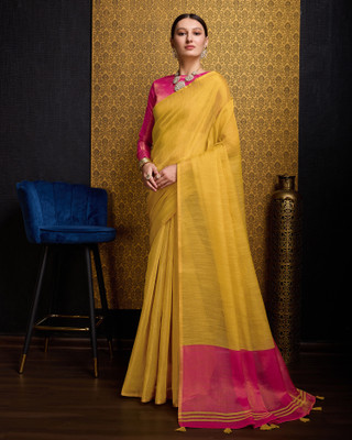 BFM Solid/Plain, Woven Bollywood Linen Saree(Yellow)