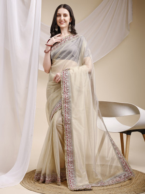 KV Fashion Embroidered Bollywood Net Saree(Cream)