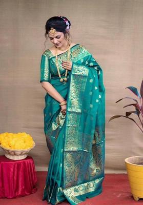 LEAFSY Woven Banarasi Jacquard Saree(Green)