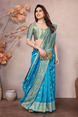 WearEZee Printed Banarasi Jacquard, Pure Silk Saree(Blue)