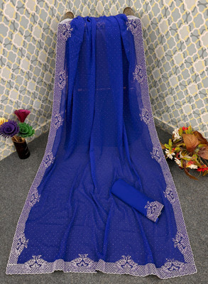 KB DESIGNER Embellished, Embroidered, Solid/Plain Bollywood Georgette Saree(Blue)