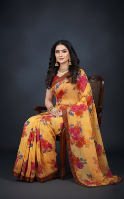 ShivMaya Floral Print Daily Wear Georgette Saree(Yellow)