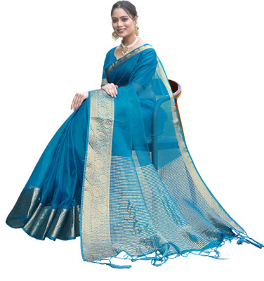 KOTHARI SBT Solid/Plain Bandhani Organza Saree(Blue)