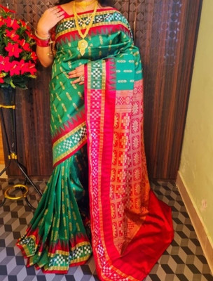 ajmera fashion Temple Border, Color Block, Woven Sambalpuri Pure Silk Saree(Black)