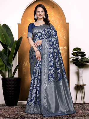 maayro Embellished Banarasi Silk Blend Saree(Blue)