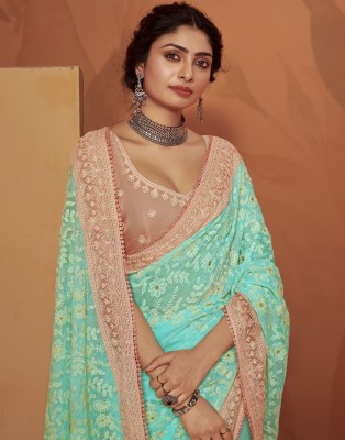 Samah Embroidered, Embellished Bollywood Chiffon Saree(Green)