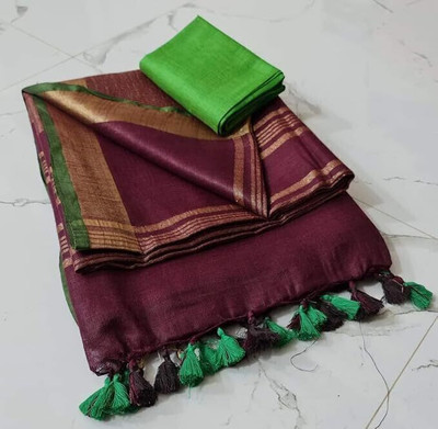 WEAVE TRENDS Solid/Plain, Woven Bhagalpuri Handloom Cotton Blend Saree(Brown)