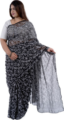 Manal Kreations Embroidered Lucknow Chikankari Georgette Saree(Black)