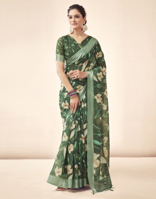 Satrani Digital Print, Printed Bollywood Linen Saree(Dark Green, Multicolor)