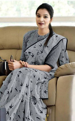 SMC Printed Daily Wear Pure Cotton Saree(Grey)